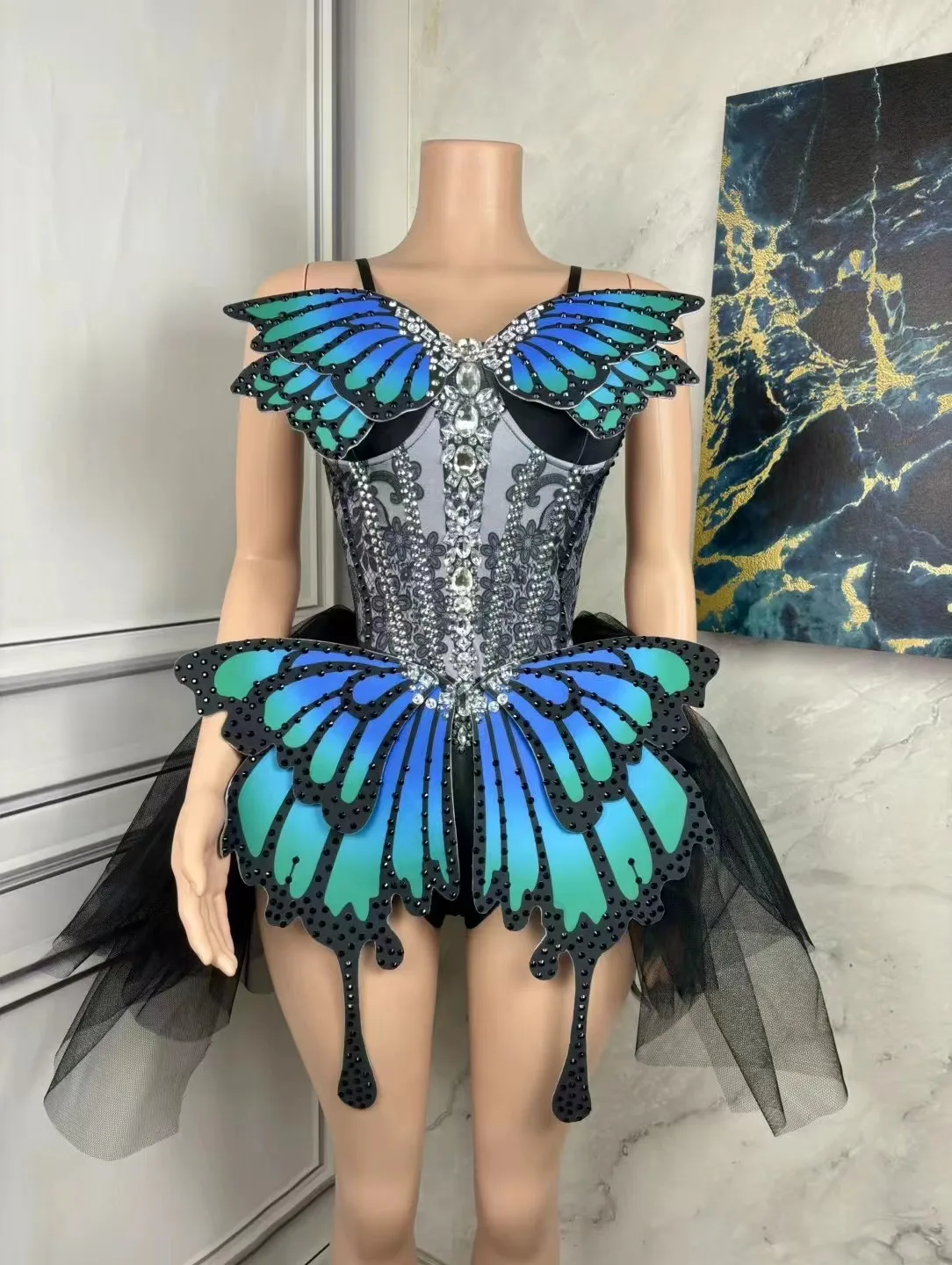 

Butterfly Dresses Gogo Dacer Costume Singer Performance Costume Festival Party Dresses Drag Queen Outfit Mesh Hem Skirt