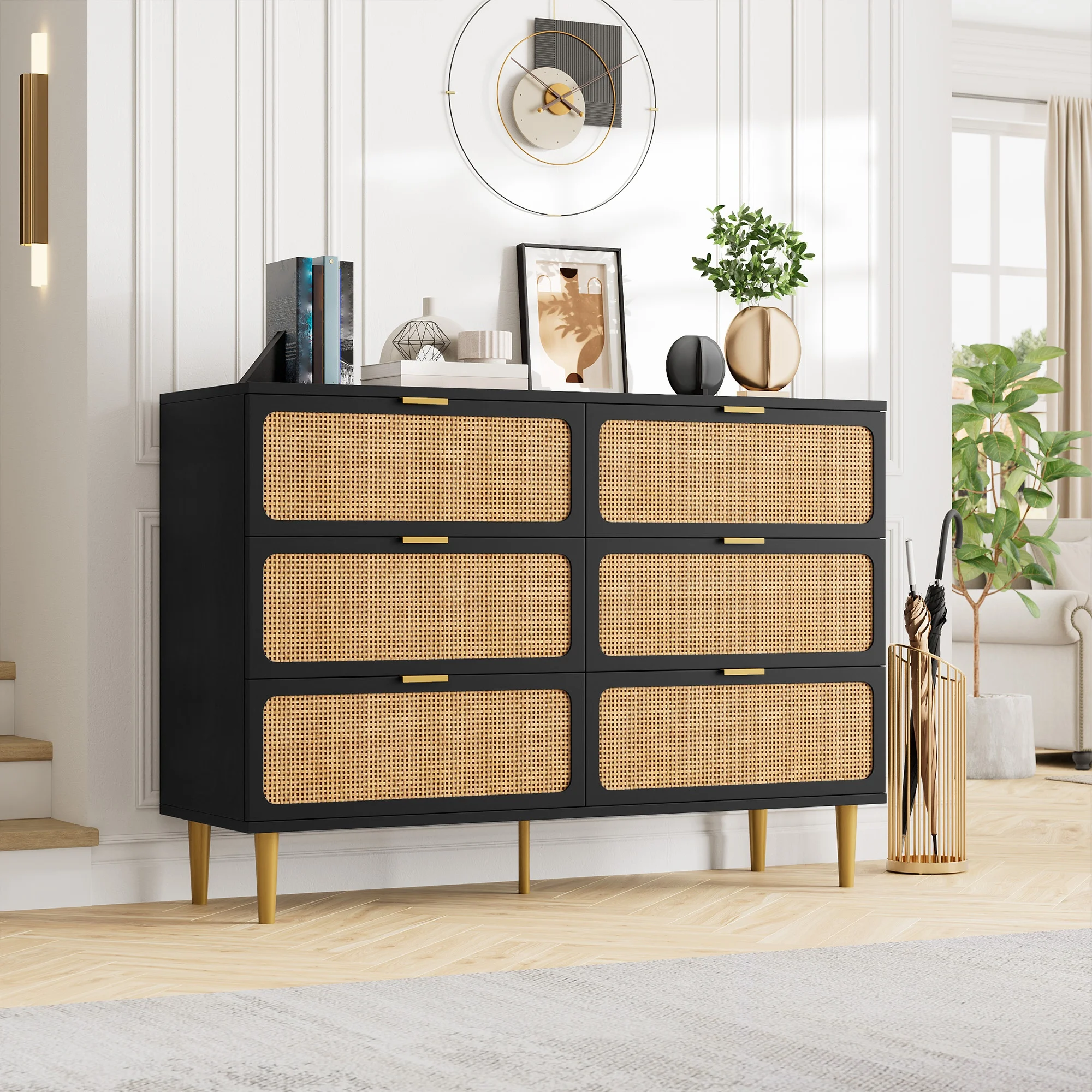 GarveeLife Modern Rattan 6 Drawer Dresser - Tall Wooden Chest with Deep, Wide Storage - Spacious Drawers for Bedroom, Closet, Living Room, Hallway, Kids Room - Large Organizer Cabinet - Natural Finish
