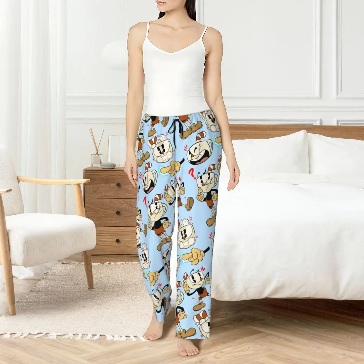 

Custom Cuphead And Mugman Pajama Pants Sleepwear Women's Elastic Waistband Anime Game Sleep Lounge Bottoms with Pockets