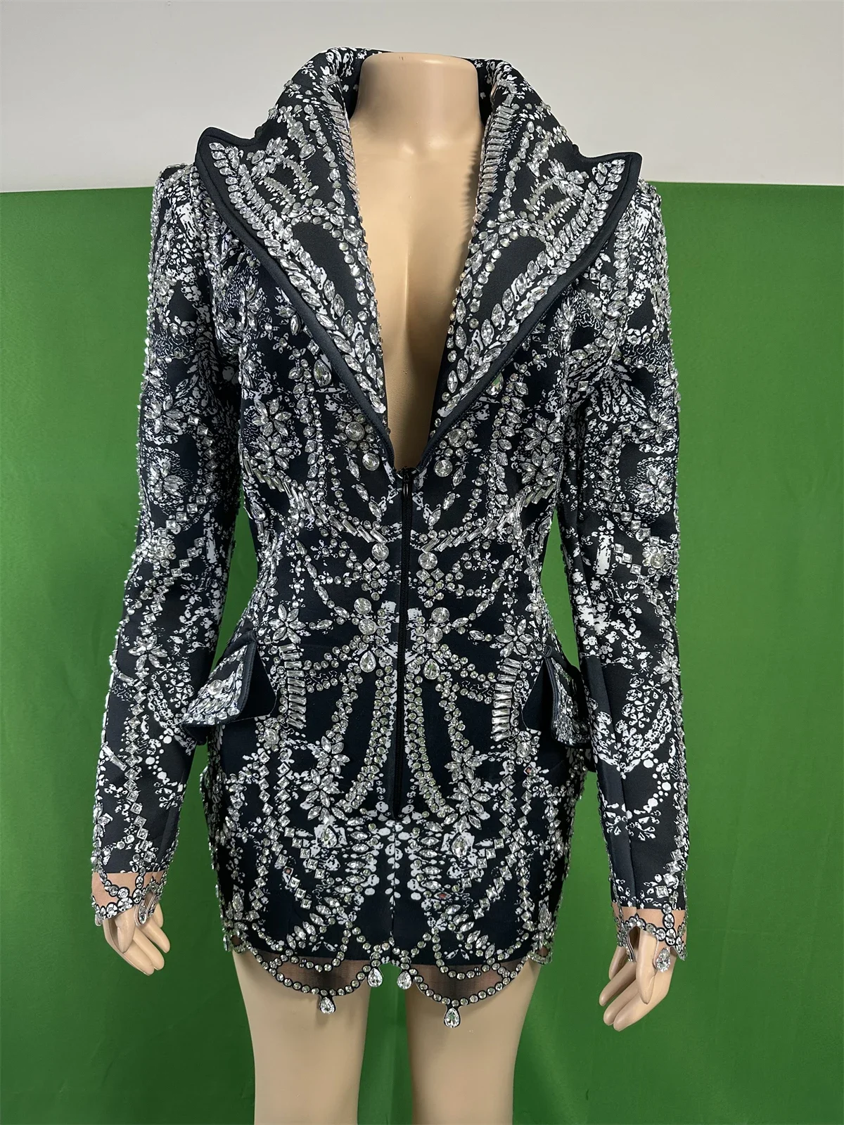 

Women Stunning Luxury Full Rhinestone Mini Short Dress Deep V Neck Sexy Dressy 2025 Black Drag Queen Costume