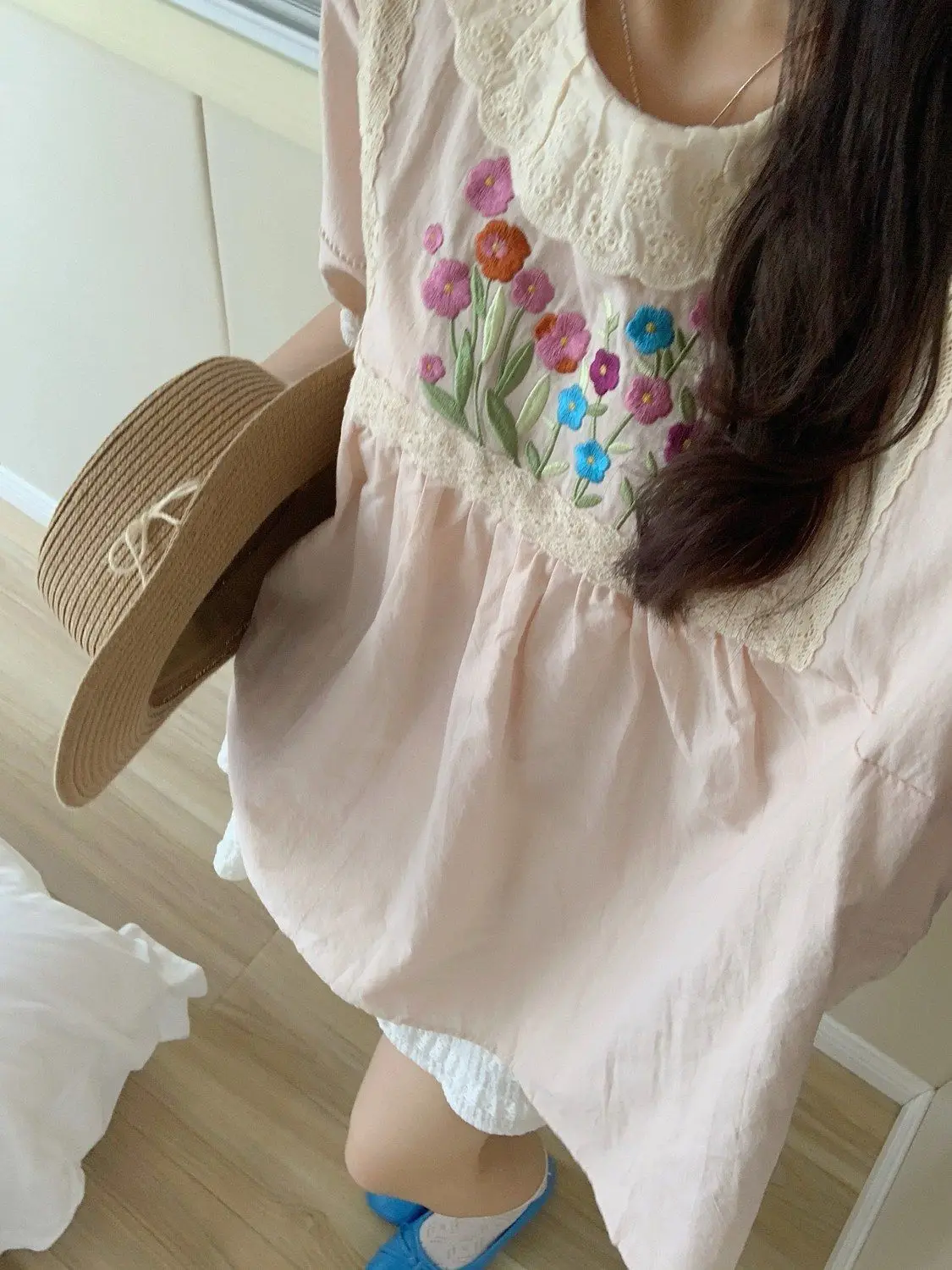 Pink Blouses Women Lace Floral Embroidery Loose Sweet Tops Girlish Age-reducing Japanese Style Summer Kawaii Attractive Ins 3XL