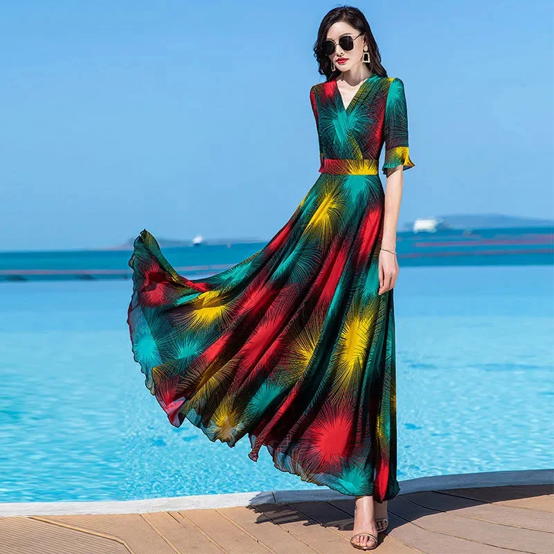 Floral Dress 4XL Women\'s 2025 Summer Chiffon V-Neck Dress High end Style Celebrity Splice A-line Skirt for Women Elegant Mujer