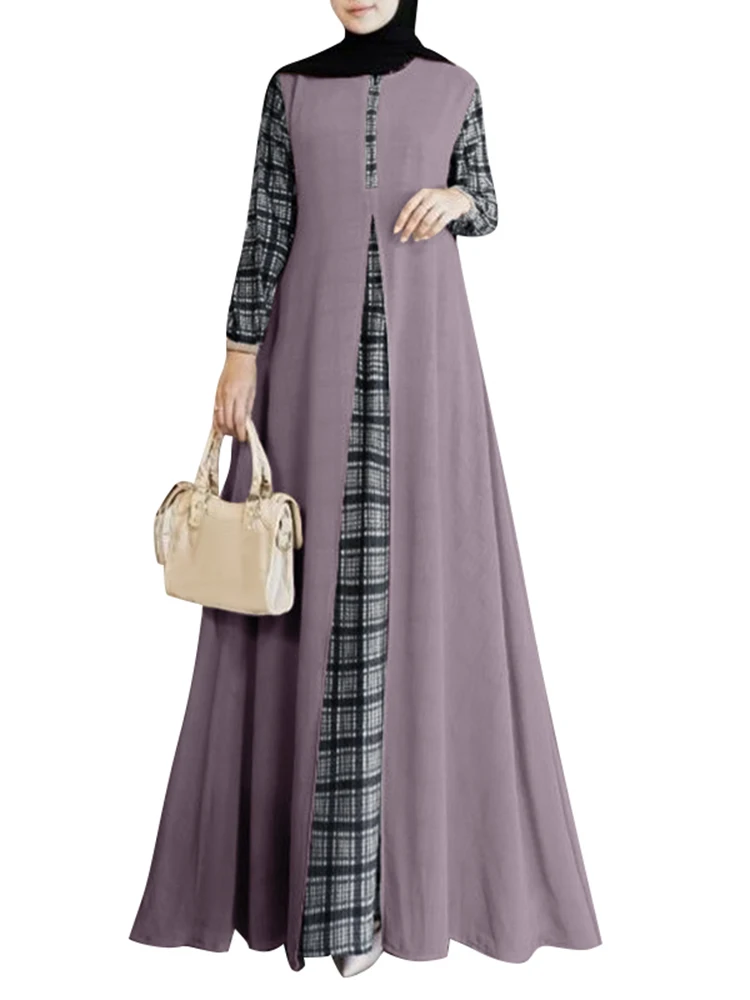 2024 ZANZEA Jesienna muzułmańska sukienka z długim rękawem w kratę Kobiety Patchwork Maxi Dress Robe Femme Eid Mubarek Hijab Vestido