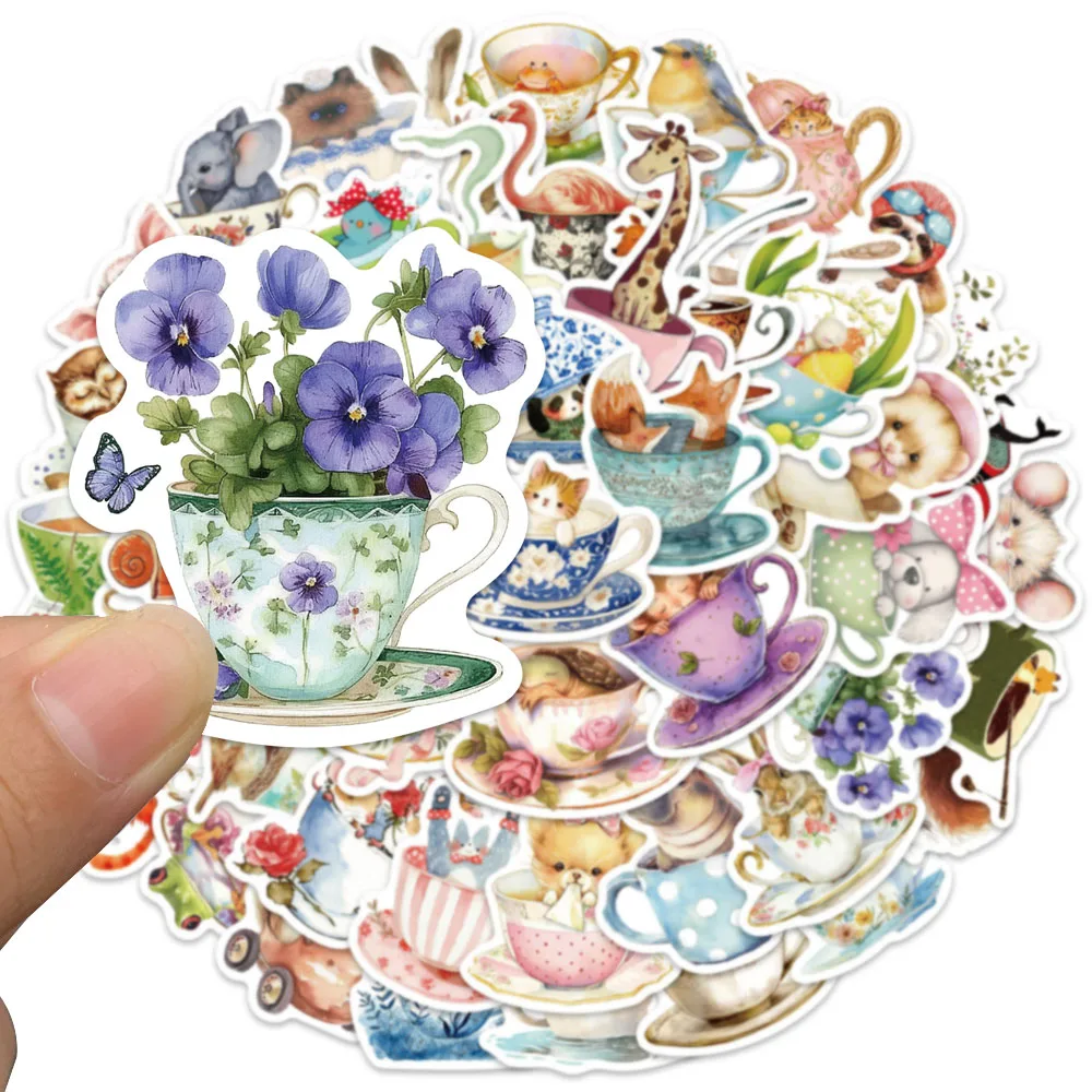 50pcs Cute Cartoon Aesthetic Teacup Animals Stickers Kis Water Bottle Decals Luggage Guitar Phone Laptop Vinyl Sticker