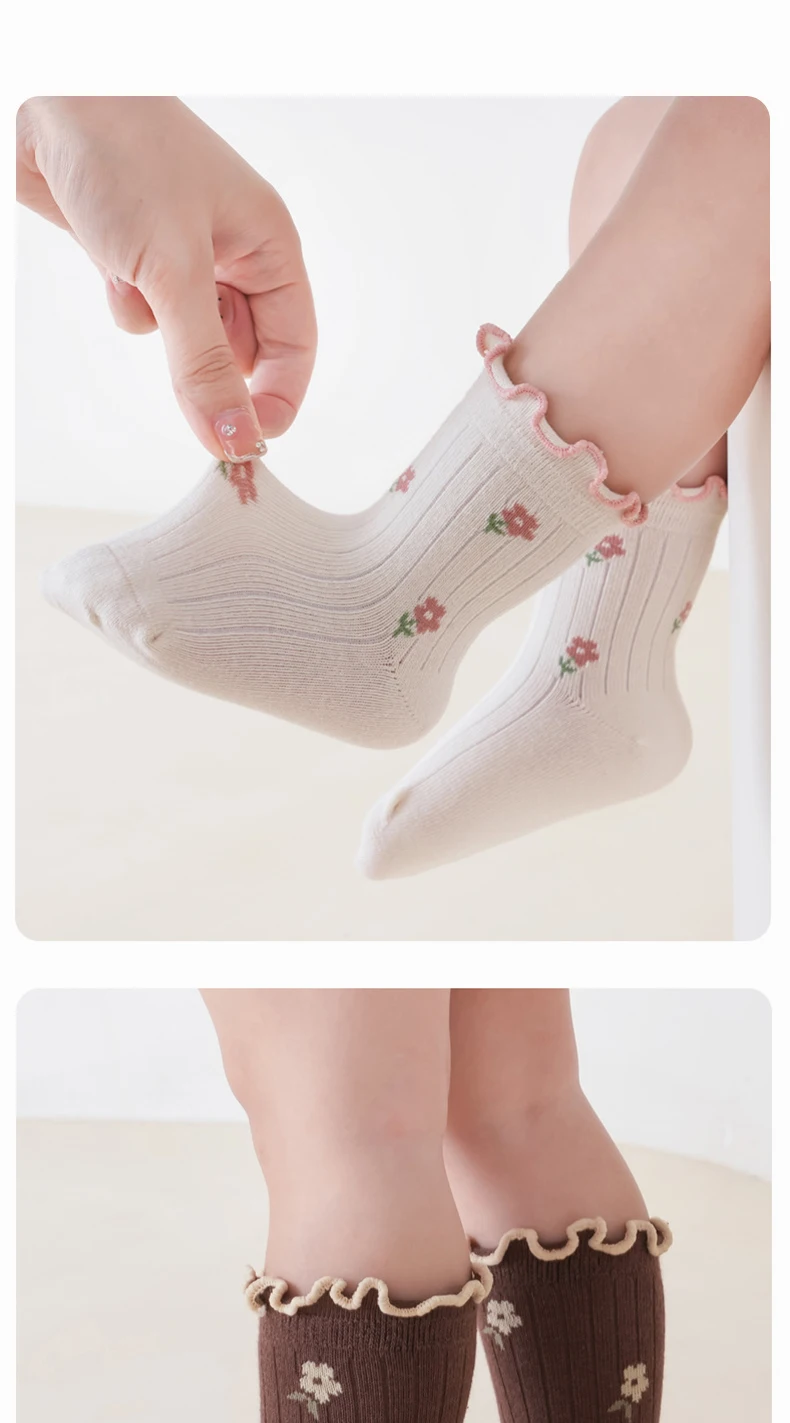 3/5 Paar Kleinkind Mädchen Socken mit Wellenmuster und Rüschenbündchen, Vintage Blumen Baby Socken für Mädchen, für den täglichen Gebrauch – Detail 6