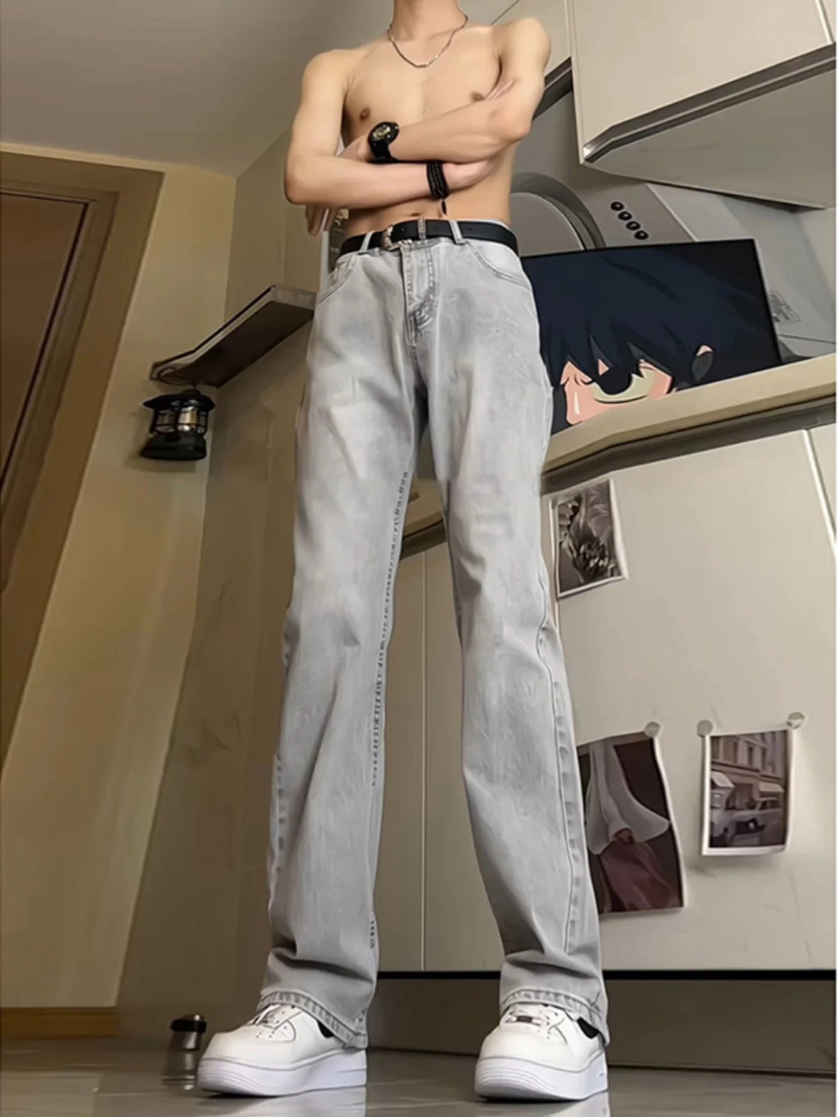 

Мужские джинсы с высокой талией и прямым кроем, расклешенные брюки, модные, из смесового хлопка и полиэстера, износостойкие, прямого кроя.