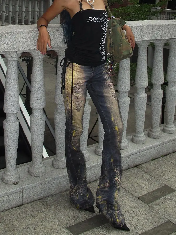 

Harajuku винтажные джинсы с высокой талией и принтом, женские уличные рваные джинсы в готическом стиле для женской одежды, повседневные широкие джинсы Y2K, брюки