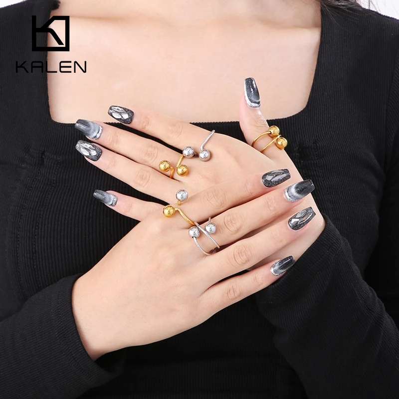 KALEN Stainless Steel Smooth Double Ball Beads Rings For Woman Open Gold Color Geometric Wedding Rings Aesthetic Jewelry Gift
