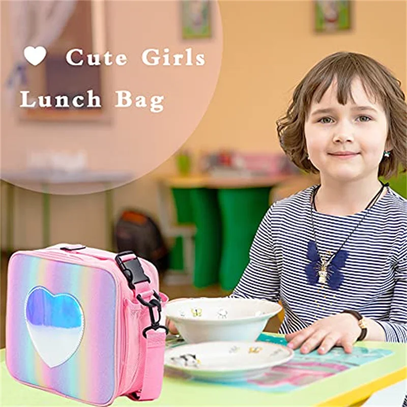 Lunch Bag Rainbow Loving Heart Laser Portable Large Bento Pouch for Children Girl Thermal Insulated Cooler Shoulder Picnic Box