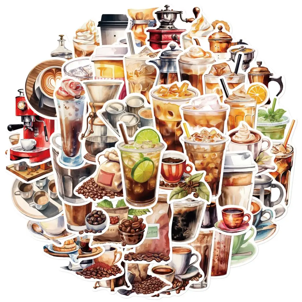 50PCS Coffee Lover Art Sticker DIY Notebook Handbook Luggage Computer Decoration Graffiti Waterproof Sticker Wholesale