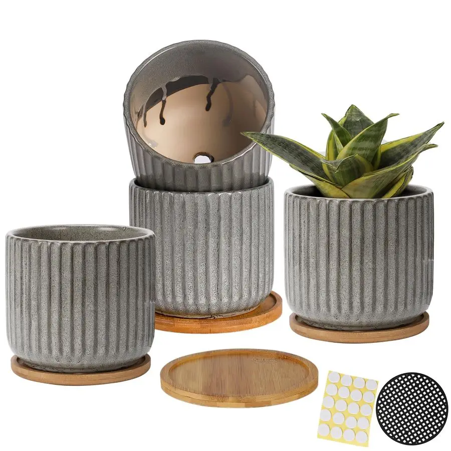 

5.25 Inch Ceramic Plant Pot with Saucer, Creative Stripe GreyGreen Planters Pots with Drainage Hole and Mesh Pads for Succulent,