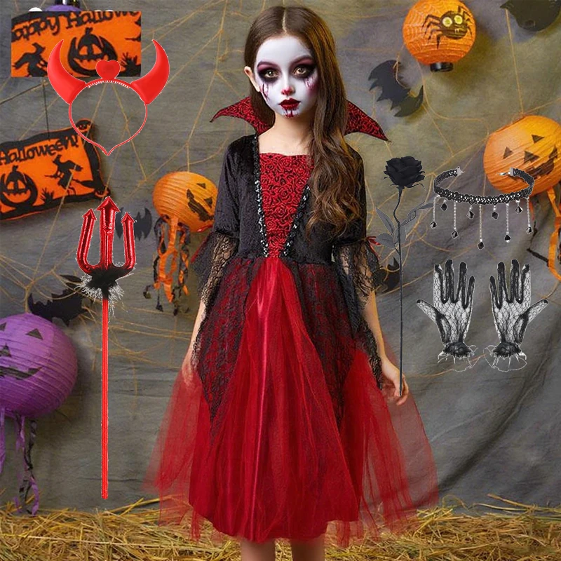 

2-14Y Witch Vampire Halloween Dress for Kid Ghost Bride Gothic Cosplay Vampire Costume Carnival Party Clothes Halloween Gifts