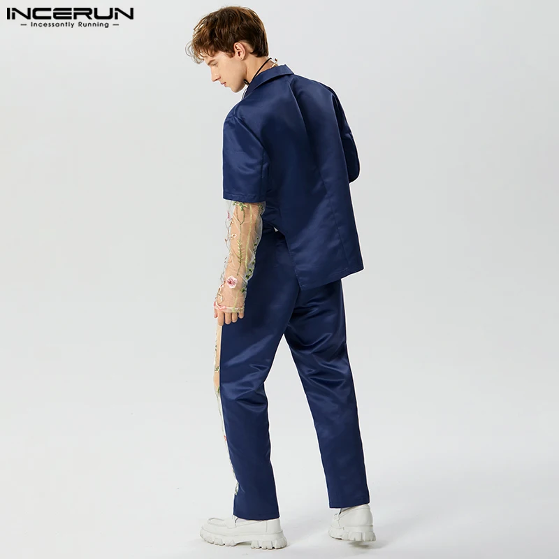 2023 Men Sets Embroidery Mesh Patchwork Streetwear Lapel Long Sleeve Blazer & Pants 2PCS Fashion Men Casual Suits S-5XL INCERUN