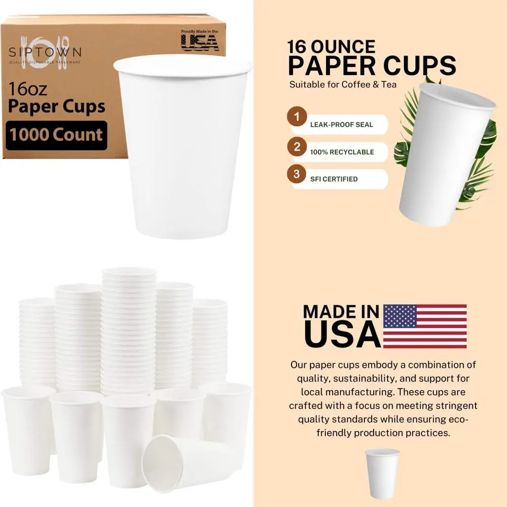 

Disposable 16 Oz Paper Cups - 1000 Count, Leak-Free, Food Safe, White, Ideal for Hot Drinks, Made in USA
