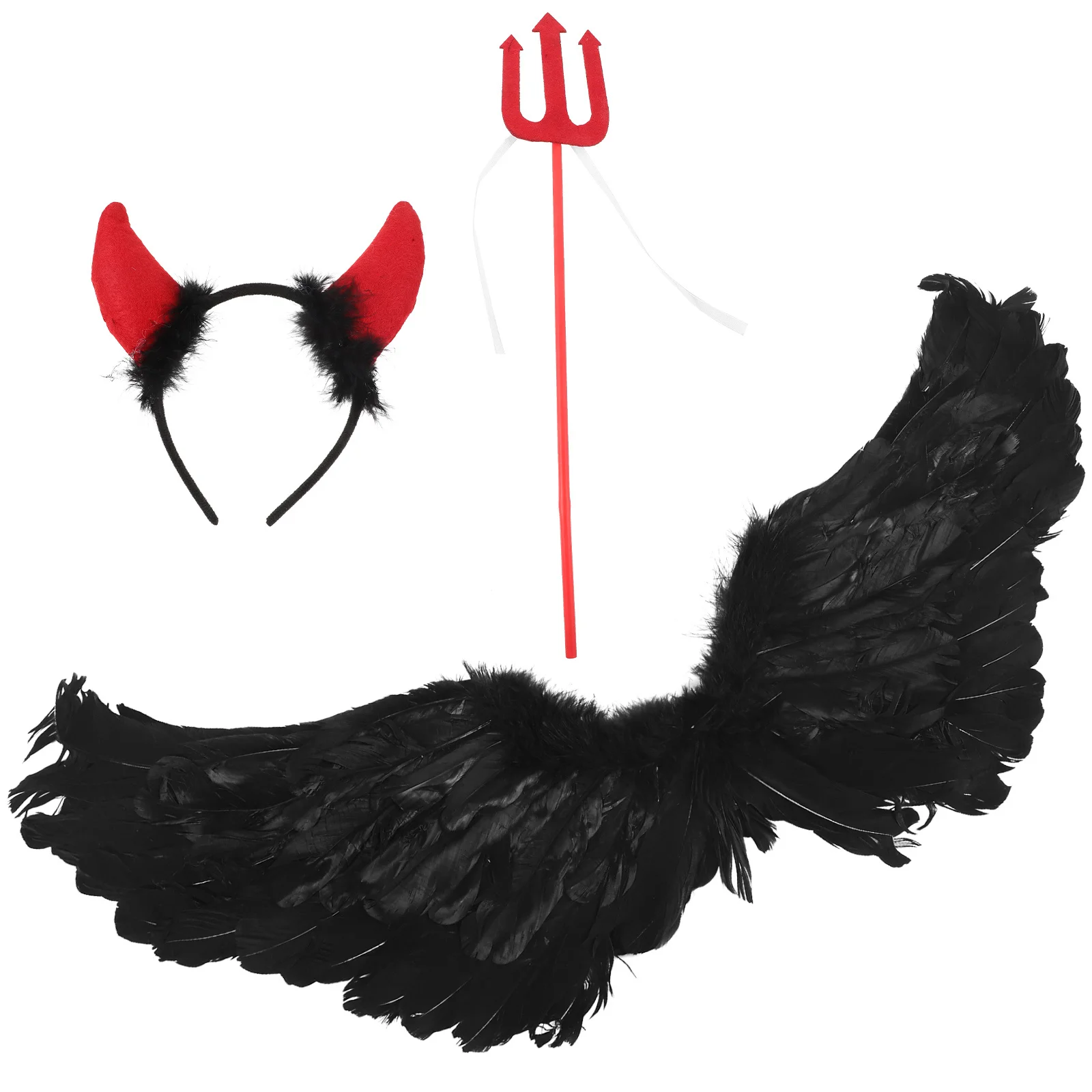 1Set für Kinder Halloween-Kostüm-Set mit Horn-Stirnband, Flügel, Kunststoffgabel, schwarze Kinderflügel für Halloween