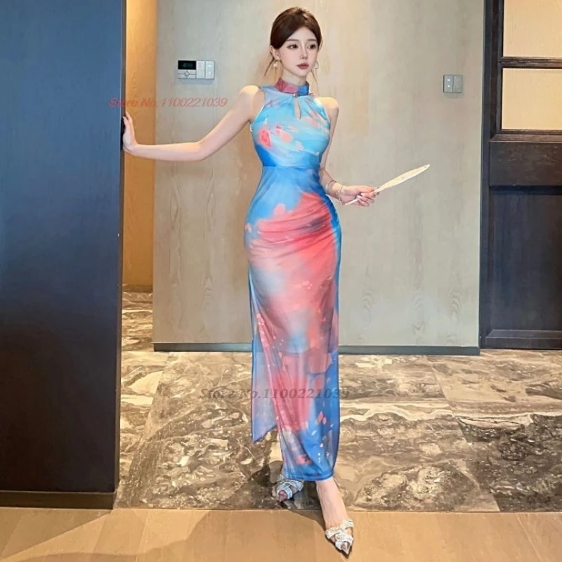 2024 abito sexy cinese tradizionale cheongsam fiore nazionale stampa abito senza maniche qipao discoteca banchetto abito da sera qipao