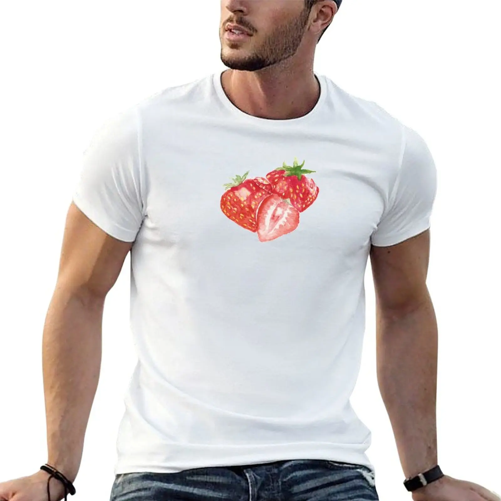 

T-Shirt t strawberry shirt cotton watercolor quality man t shirt painting essential high