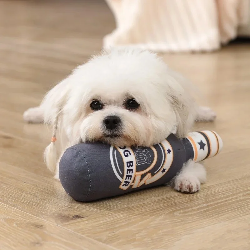 Squeaky Plush Dog Toy Beer Bottle Shape Interactive Chew Toy for Small Medium Large Dogs Teeth Cleaning Bite Resistant
