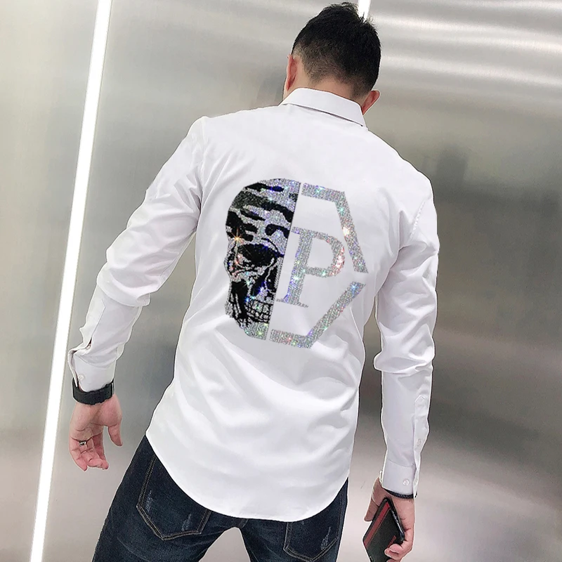 Fashion New Loose Hip-Hop Hot Style Men's Shirt Skull With Diamonds Shiny Personality Casual Bottoming High Quality Long Sleeves