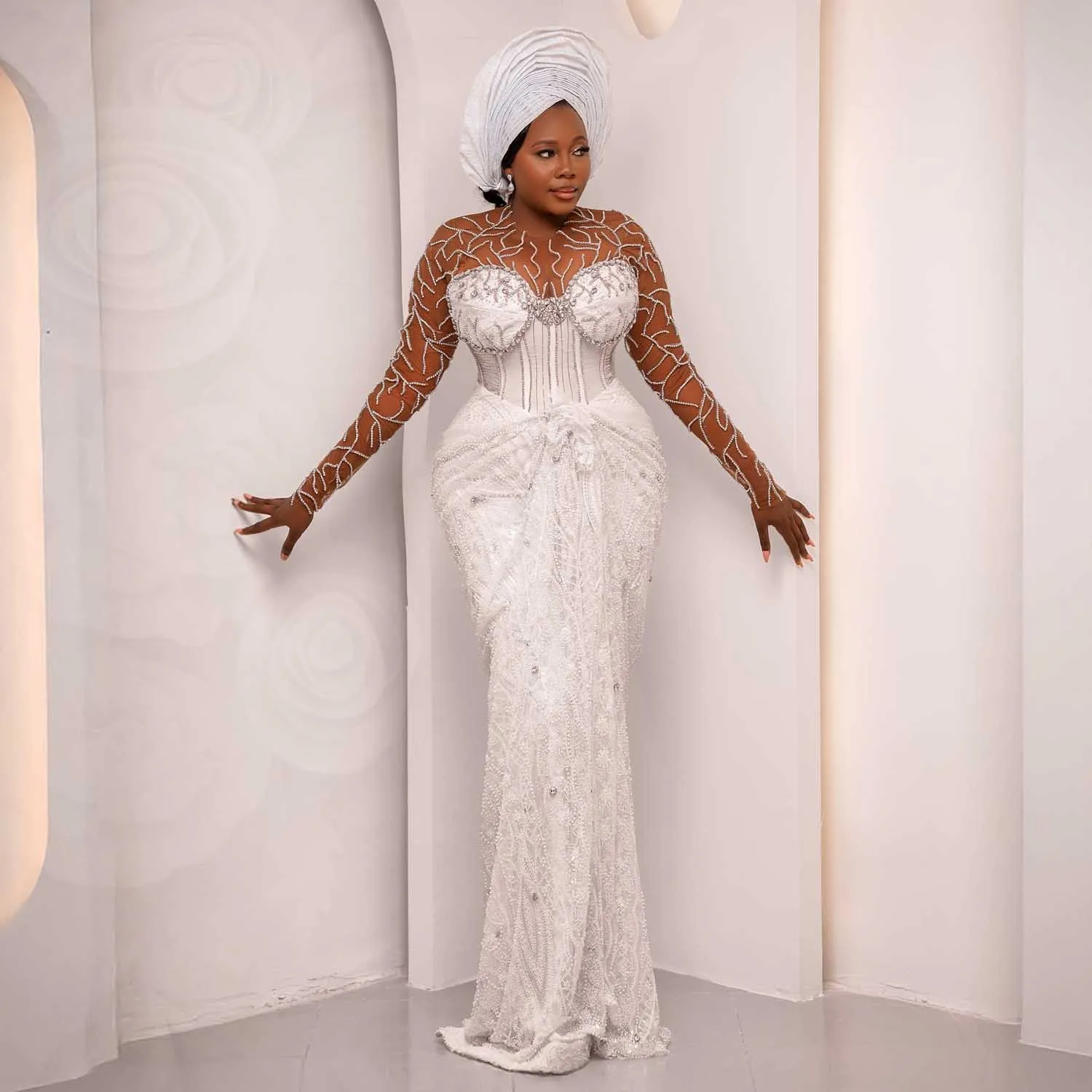 

African Traditional Bridal Dress Plus Size Aso Ebi Style White Beading Lace Wedding Party Dresses Nigerian Women Birthday Dress