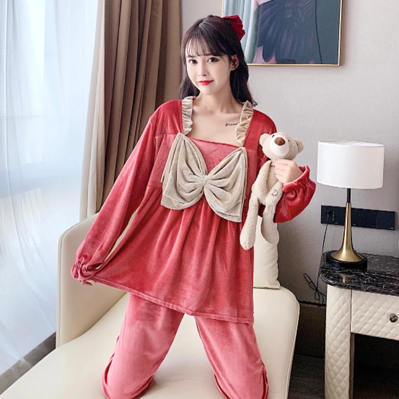 Solid Pajama Sets Women Bow Baggy Leisure Panelled Simple Long Sleeve Fashion Popular Cozy Slouchy Homewear Schoolgirls Autumn