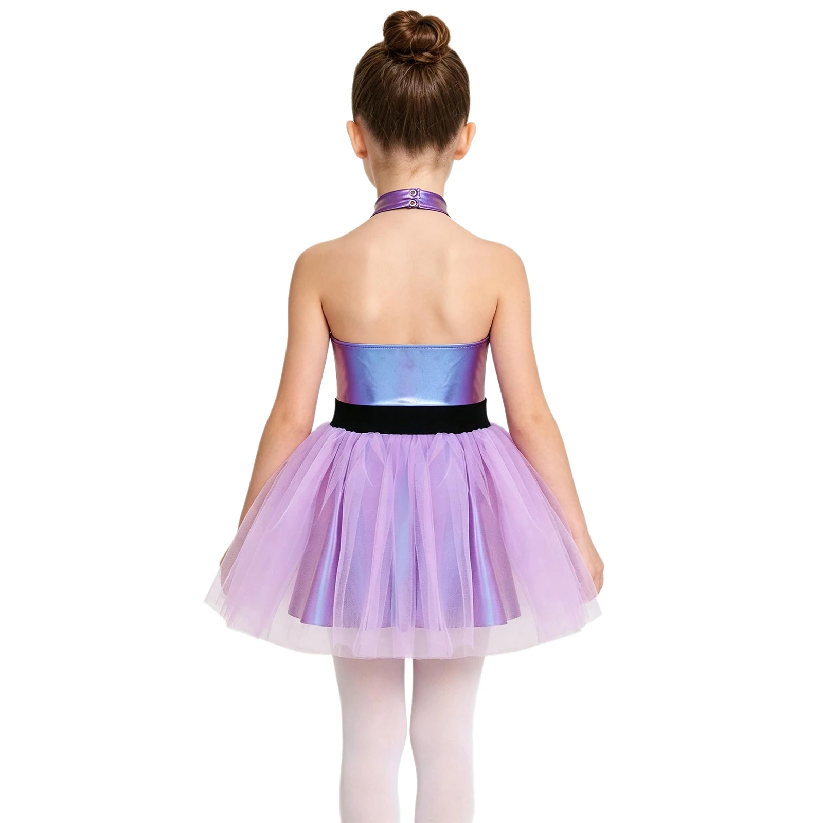 Kids Girls Metallic Shiny Alien Dress Halter Sleeveless Layered Ruffled Tulle Ballet Dance Tutu Dress for Halloween Themed Party