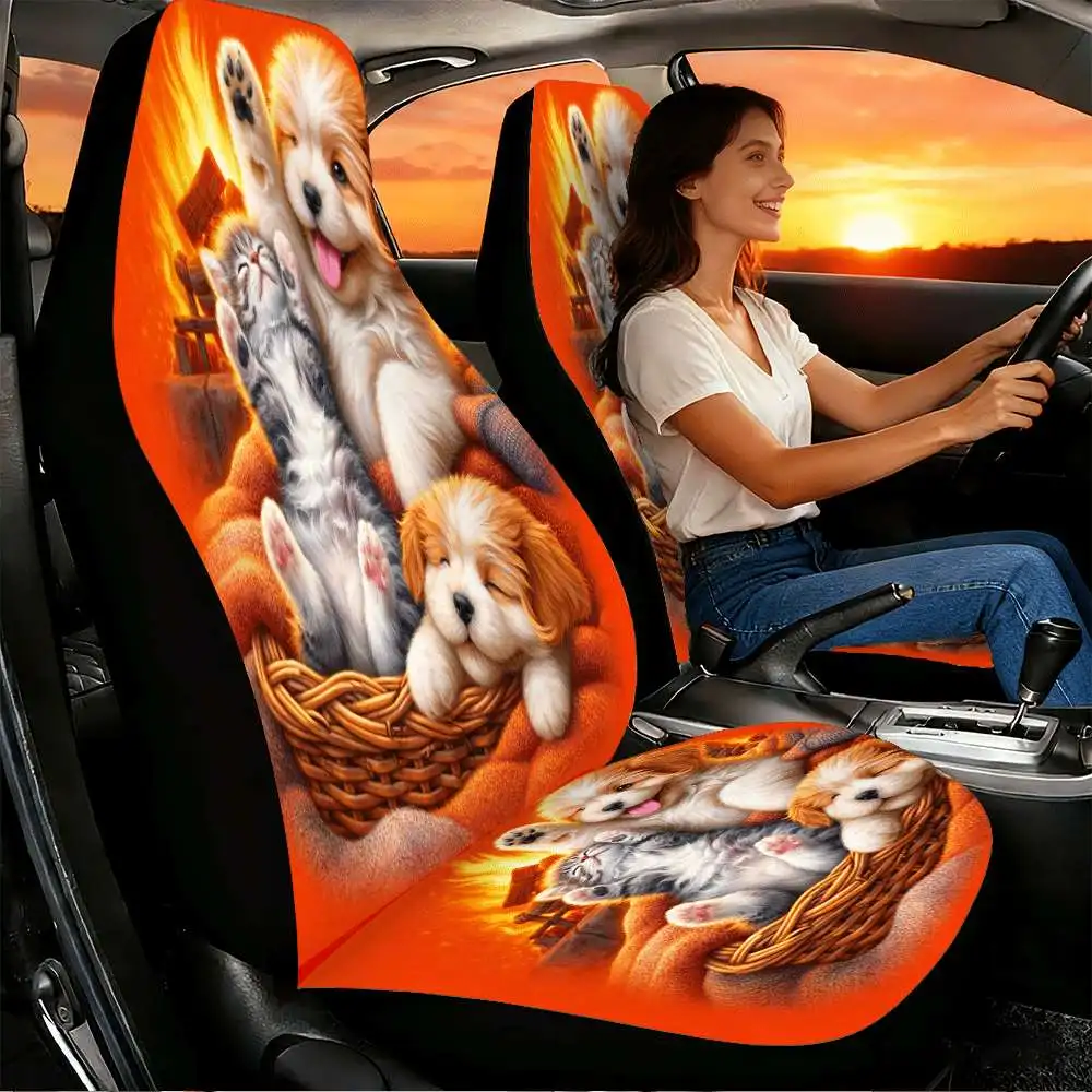2pcs Cozy Cat and Puppy Fireplace Car Seat Covers Suitable for Front Seats, High Back Design, Material game chairs