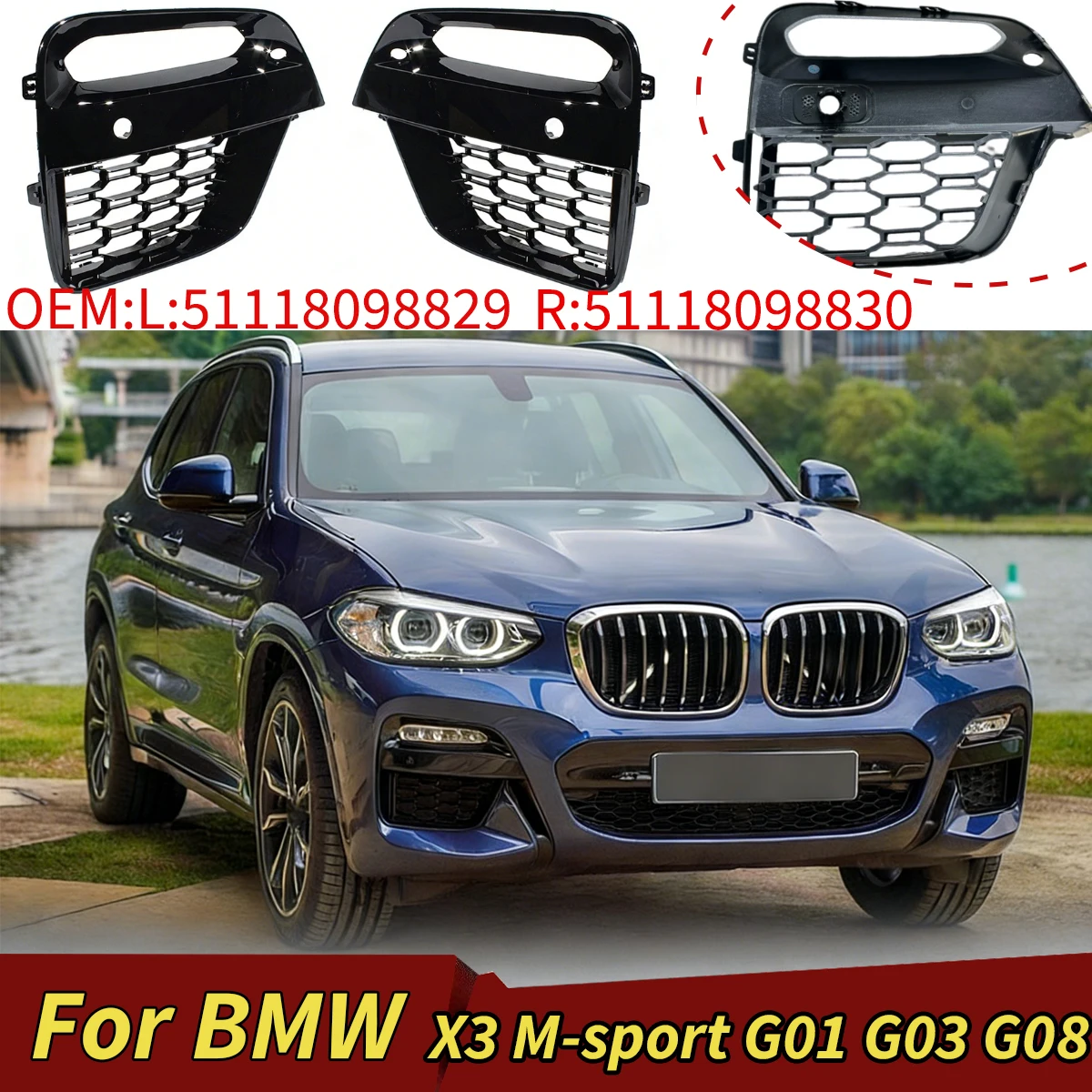 

Для BMW X3 M-SPORT G01 G03 G08 Рамка противотуманных фар Передний бампер Абажур противотуманной фары Комплекты нижней сетчатой крышки 51118098829 51118098830