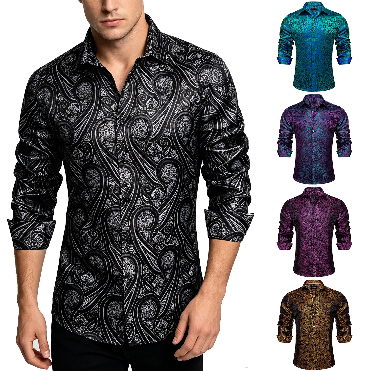 Stylish Casual Shirt for Men, Black White Paisley Floral Print Long Sleeve Slim Fit Button Down Top Party Daily Wear