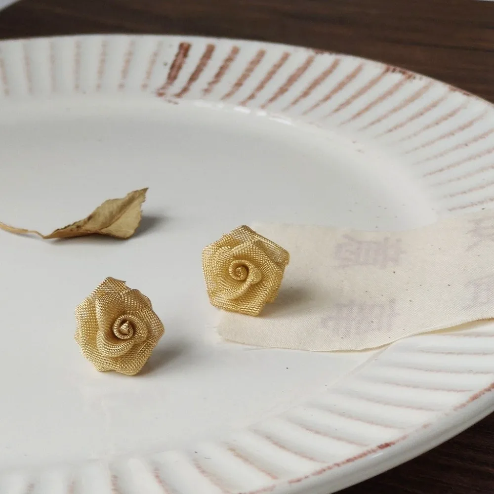 Yellow Rose Rose Earrings Vintage Style Gold Gauze Fabric Flower Stud Earrings Silver Needle Handmade Rose Stud Earrings Women