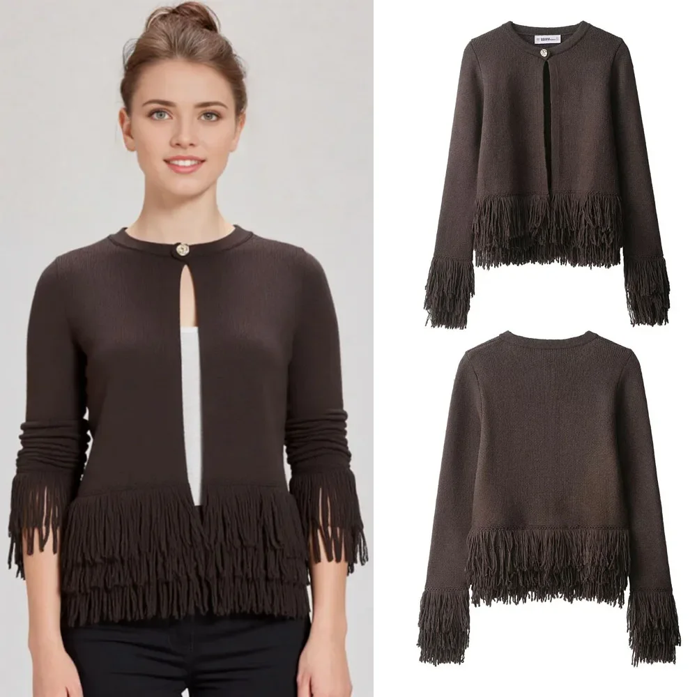 

Однотонный вязаный кардиган с длинными рукавами, топы, шикарный винтажный вязаный кардиган с бахромой для женщин, осенняя модная верхняя одежда, уличная одежда