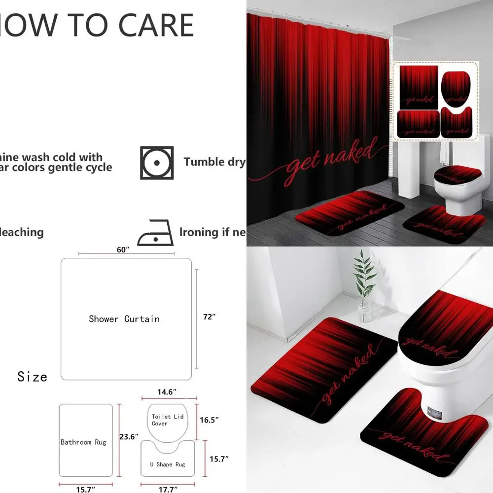 

Red and Black Shower Curtain Set with Gothic Design, Non-Slip Rugs, Toilet Cover, and Bath Mat for Adult Bathroom Decor
