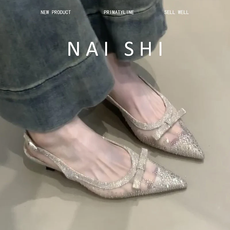 Luxury Crystal Sandals Women Pointed Toe High Heels Shoes Mesh Slippers Elegant Dress Shoes Slingback Pumps Mujer De Sandalias