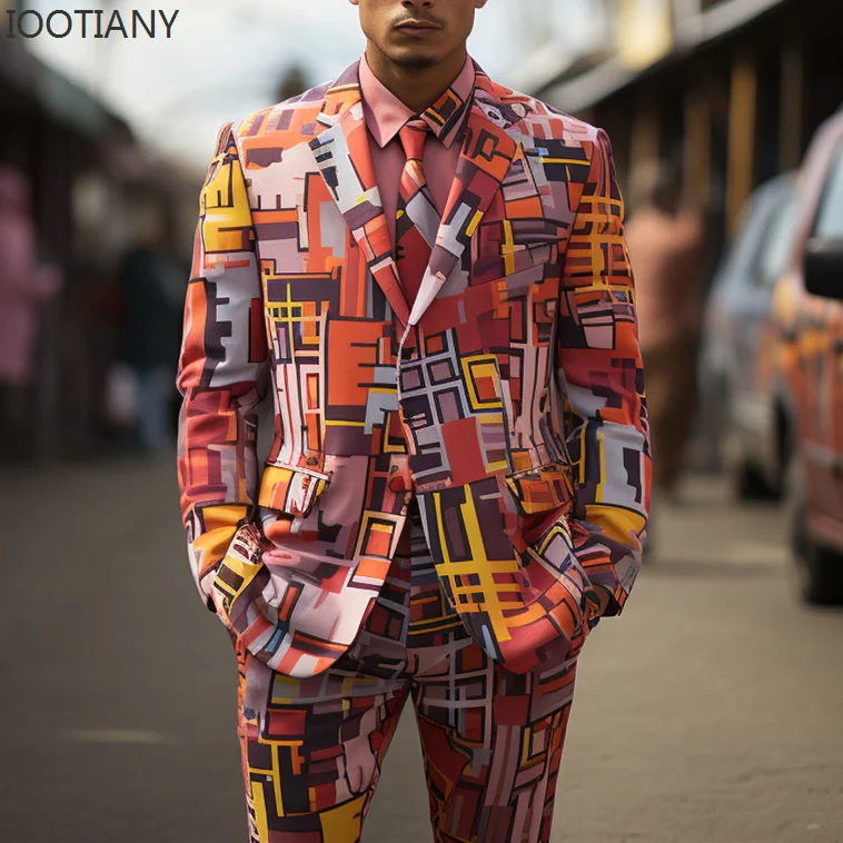 IOOTIANY Men Traditional Retro Clothing 3d Digital Printing Party Long Sleeve Suit Stage Nightclub Cool Performance Blaze Suits