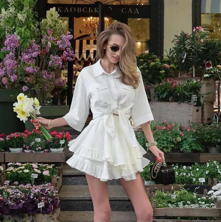 Solid Pockets Shirt 2 Piece Set Women Single Breasted Short Sleeve Blouse+Ruffle Mini Skirts Casual Fashion Elegant Skirt Sets