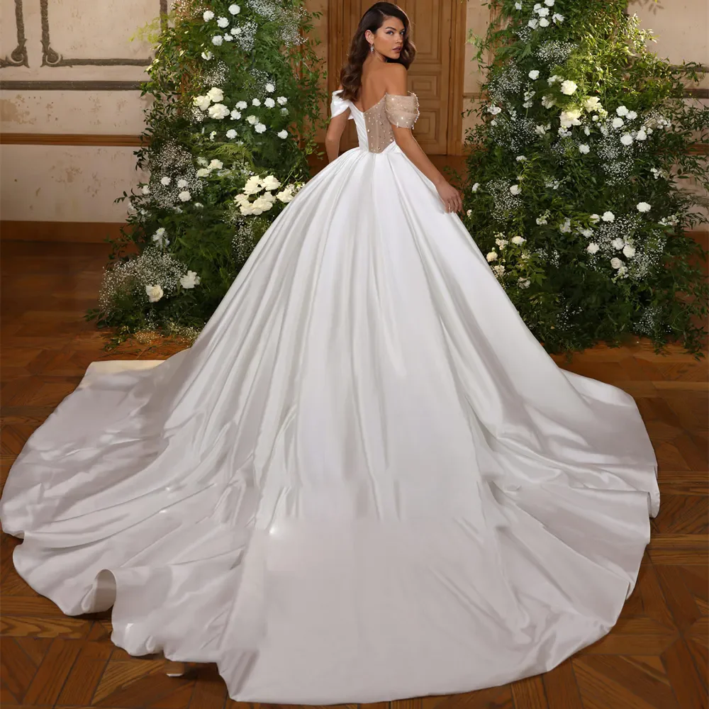 Robe De mariée personnalisée, épaules dénudées, travail manuel, paillettes, perles, traîne De balayage, robe De bal en Satin
