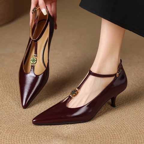 2025 Spring Women Pumps Women Shoes Pointed Toe Thin Heel High Heels Mary Janes Ladies Shoes Genuine Leather Red Wedding Shoes