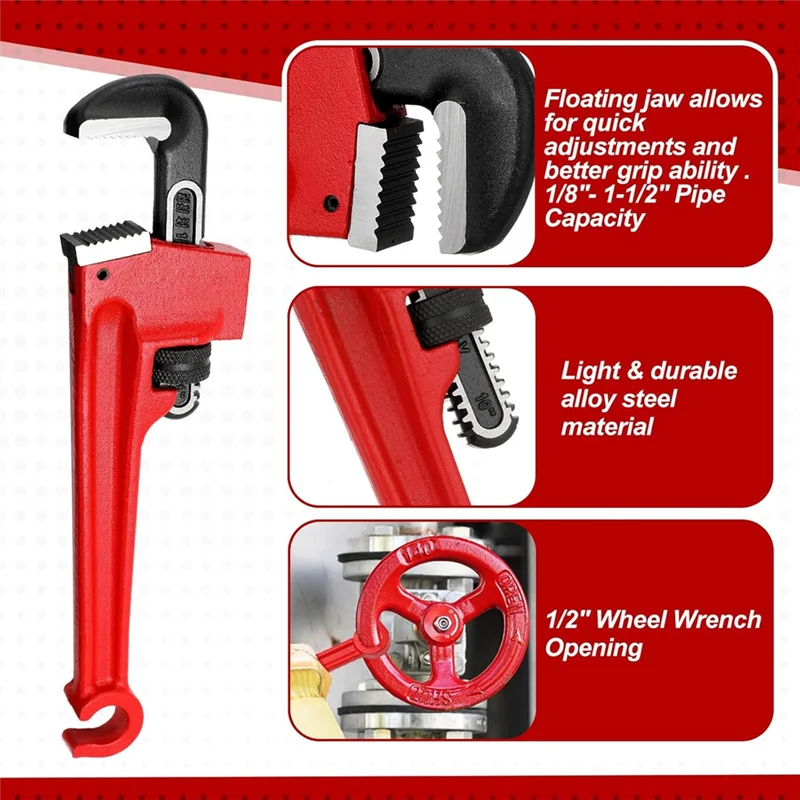Двусторонний клапанный ключ LBER, 10-дюймовые колеса для труб и клапанных ключей, емкость трубы 1/8–1–1/2 дюйма для защиты от повреждений