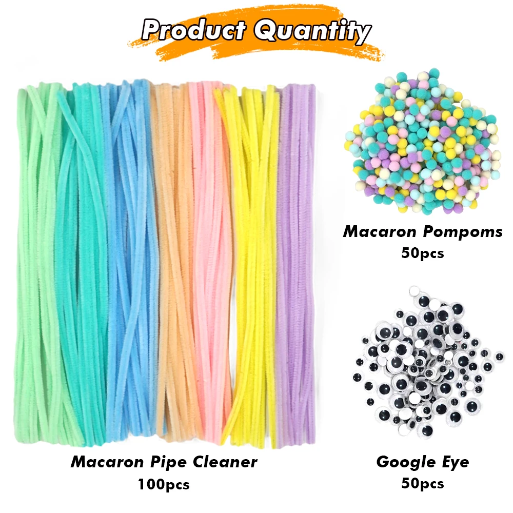 200Pcs Craft Supply Set, Which Includes 100Pcs Pipe Cleaners Chenille Stem, 50Pcs Wiggle Googly Eyes and 50Pcs Pompoms