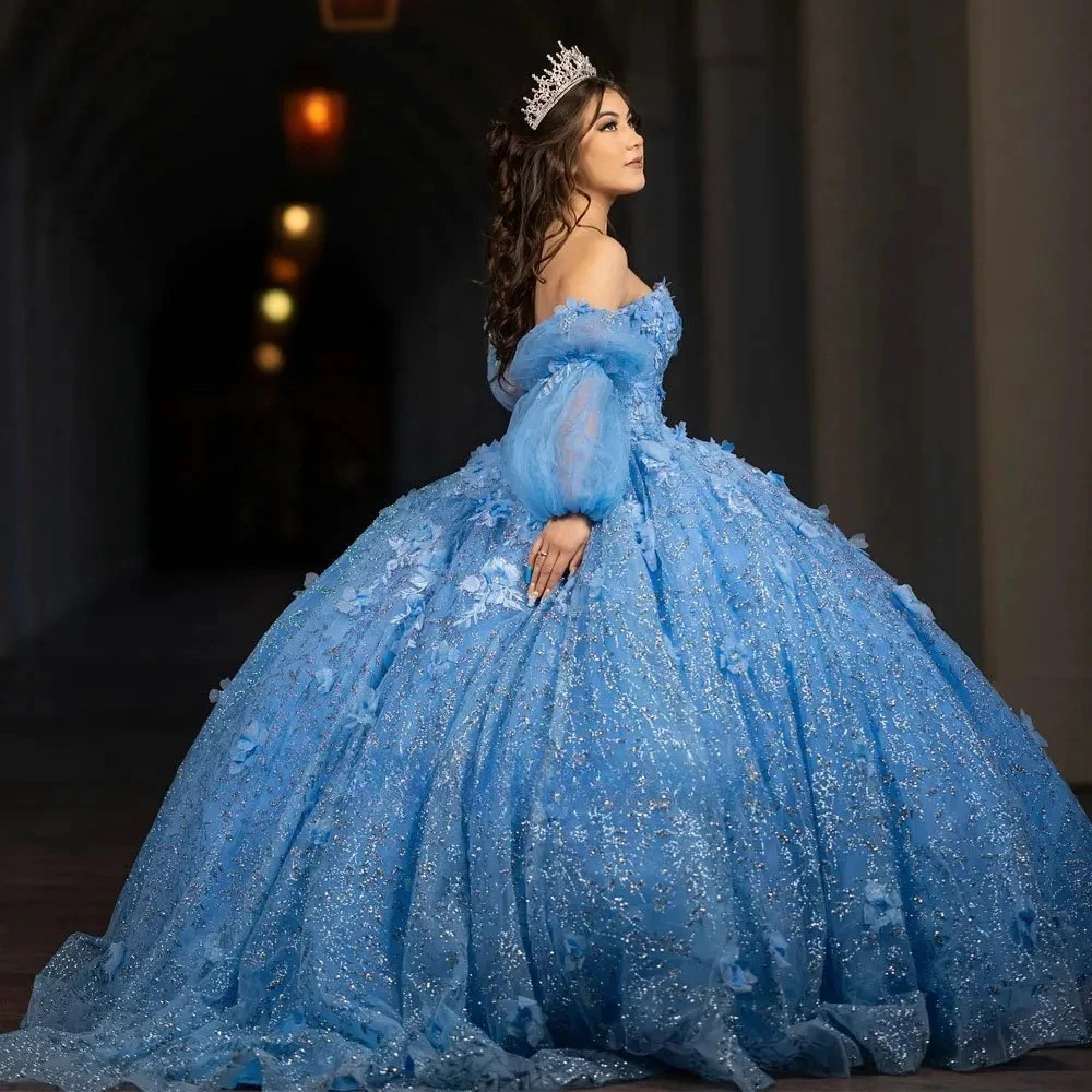 فساتين أميرة Quinceanera باللون الأزرق السماوي ، ثوب حفلة ، تول متألق ، حلوة 16 فساتين ، 15 سنة ، مكسيكية