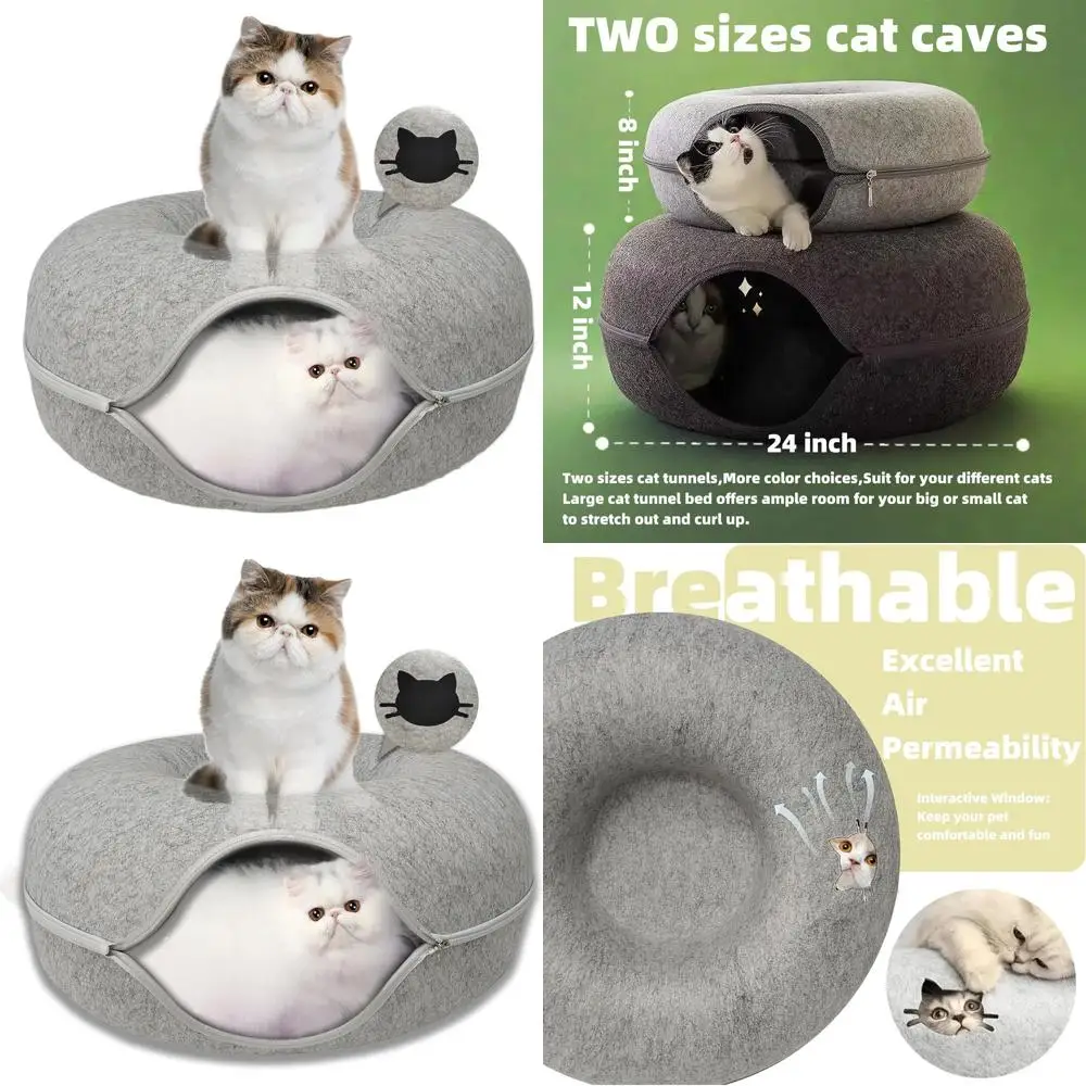 

Large Donut Cat Tunnel Bed, Peekaboo Cave for Interactive Play, Suitable for Multiple Cats Up to 30 Lbs, Scratch Resistant, Ligh