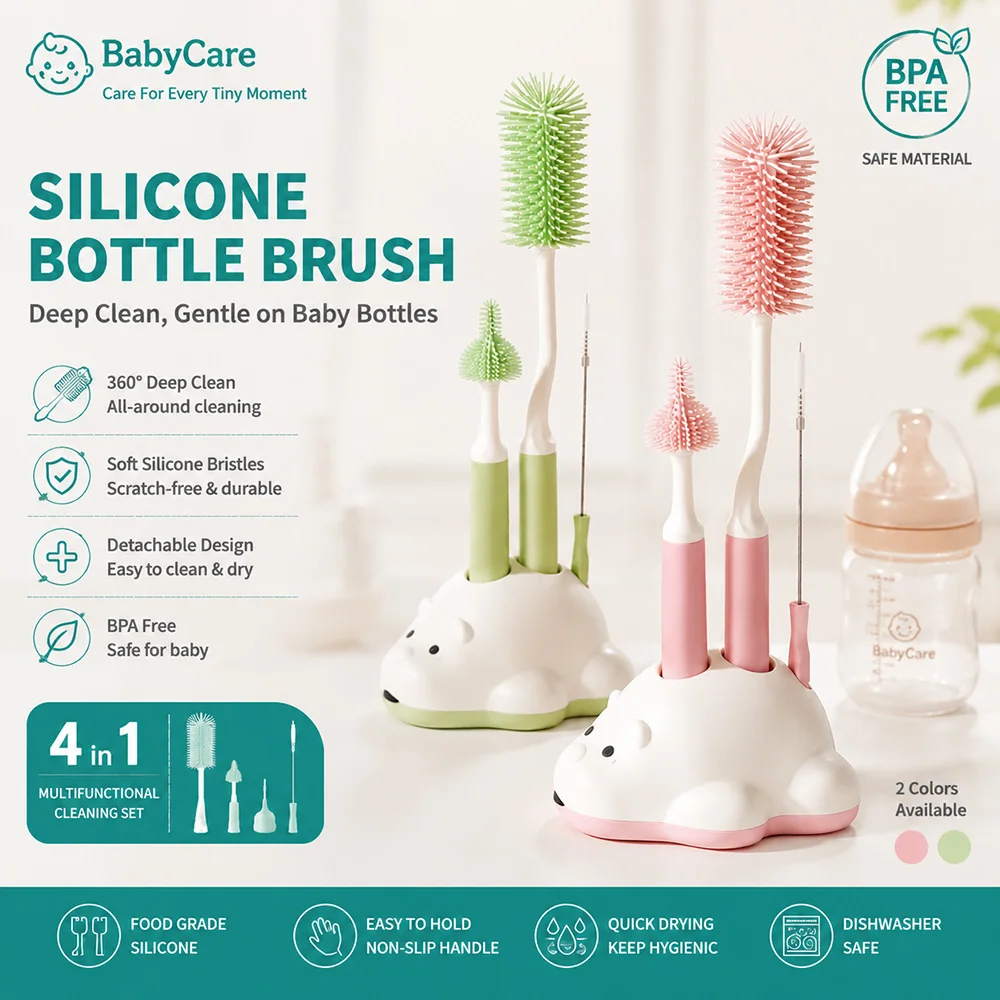 Silicone Baby Bottle Brush Set, BPA Free Bottle Cleaner with Drying Stand, Soft Bristle Milk Bottle Cleaning Brush for Infant