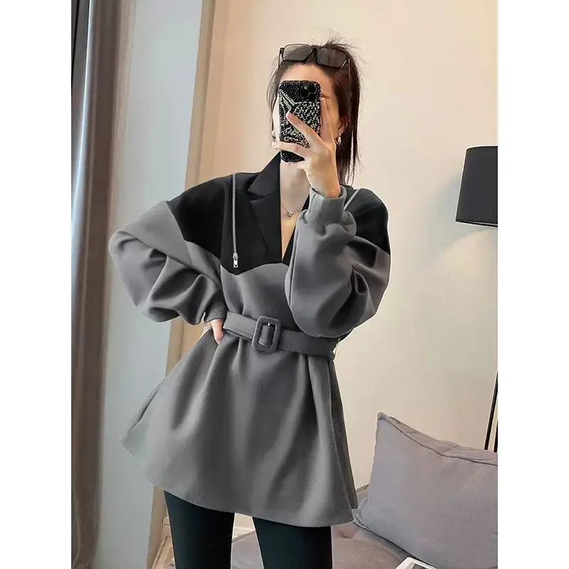 Spring Autumn New Casual Chic Lace Up Elastic Waist Hatless Pullover Tops Women Panel Tops European Pullover Women Coat Tops