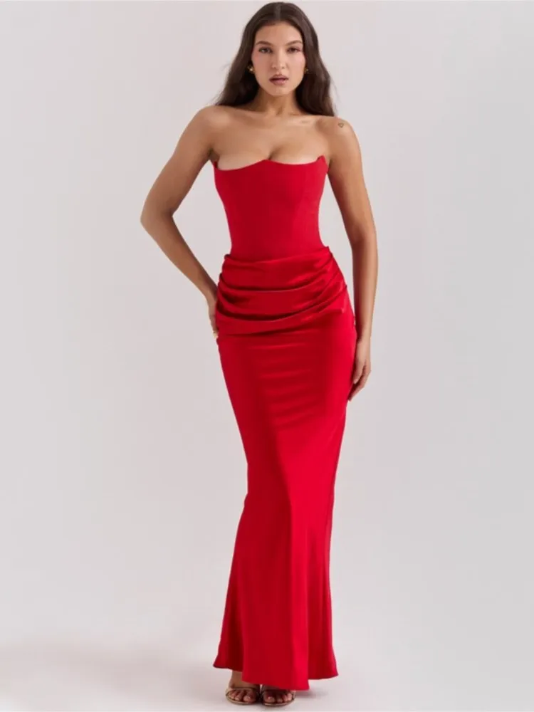 Sexy Red Satin Strapless Backless Women Corset Dress Fashion Waist Ruched Wrap Slim Dresses Autumn Ladies Evening Party Vestidos