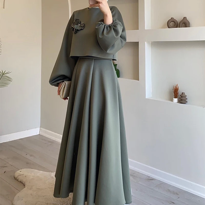 Vintage Green Women's Suit With a Skirt Elegant Long Dress Casual Spring Autumn Lantern Sleeve Dresses Top Shirt & Skirts Suits