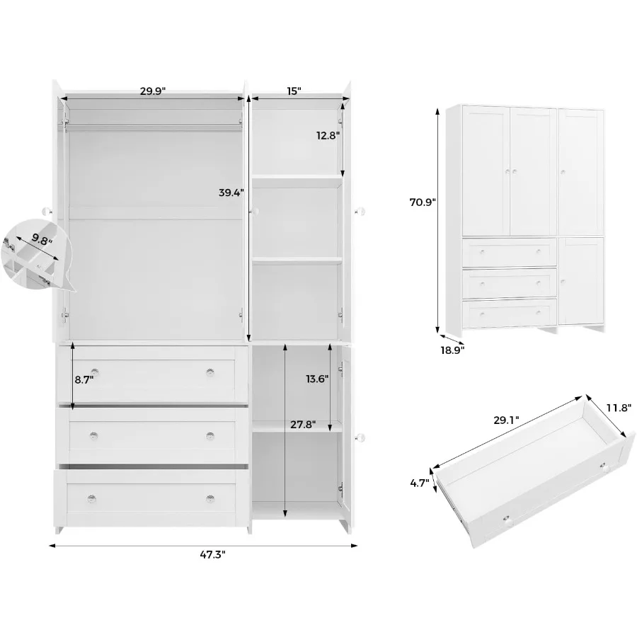 71 Wooden Wardrobe Cabinet with 4 Doors Built-in Mirror and Drawers for Bedroom: Large Capacity Clothing Storage with Hanging R