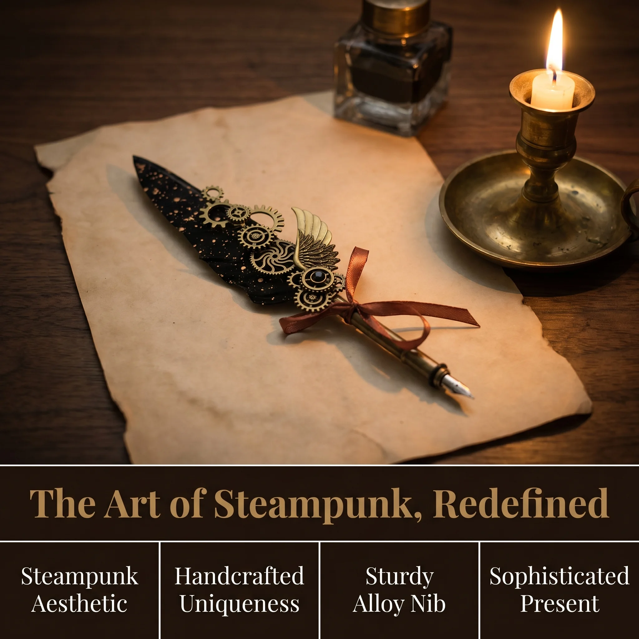 Vintage Handcrafted Steampunk Feather Quill Pen with Mechanical Gears Gold-Sprinkled Black Wing Alloy Nib for Writing Tools - view 5