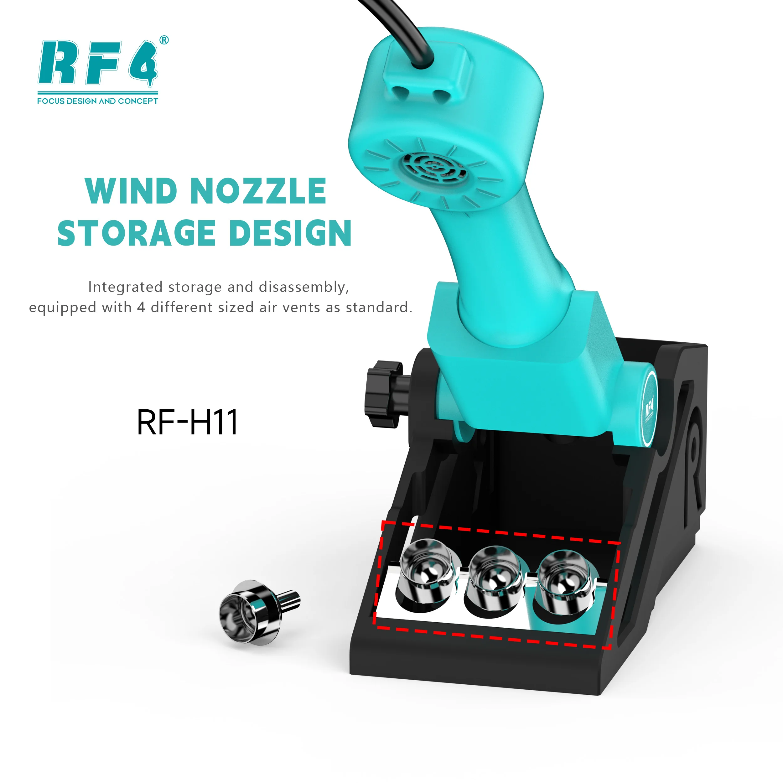 RF4 RF-H11 Hot Air Gun 4 Nozzles 10 Air Levels 500°C Max Temp Adjustable Stand Intelligent Control