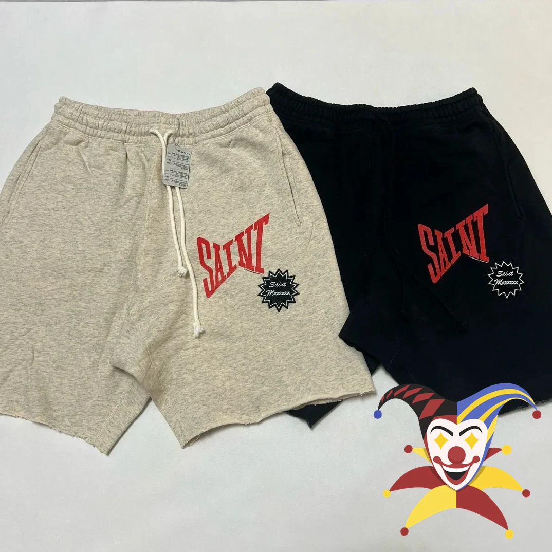 Saint SWEAT Vintage Shorts Men Women Embroidery Black Gray Drawstring Shorts