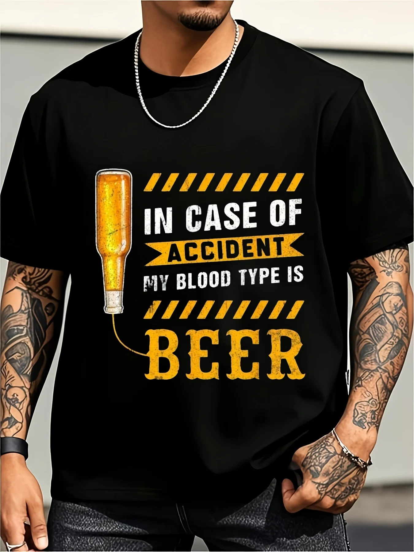 Men's Fun Beer Blood Type T-Shirt with Beer Bottle Design, 